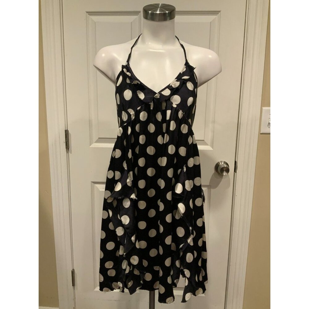 L'Agence Black & Cream Polka Dot Mini 100% Silk Halter Dress Ruffled, Size 2